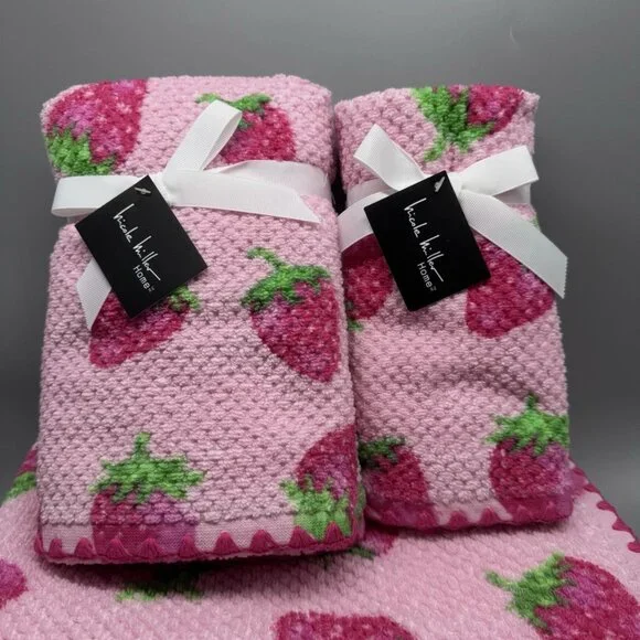 6pc Nicole Miller Pink Strawberry Bath Hand Fingertip Towel Set Textured Summer